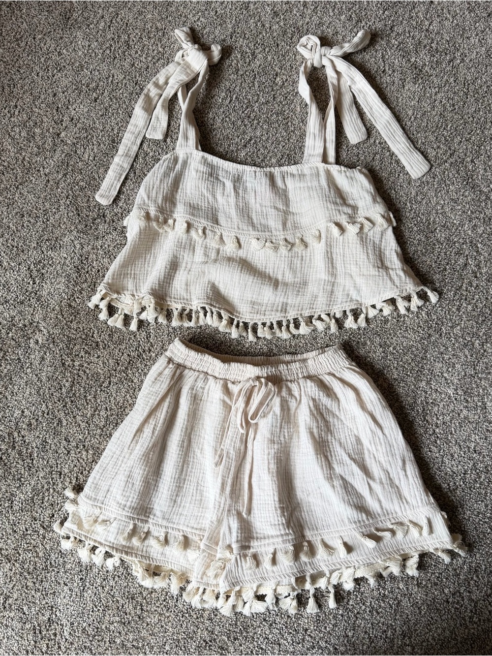 NWOT Pink Lily Gauzy Cotton Tassel Two-Piece Set (Shorts S Top M) Euro Summer